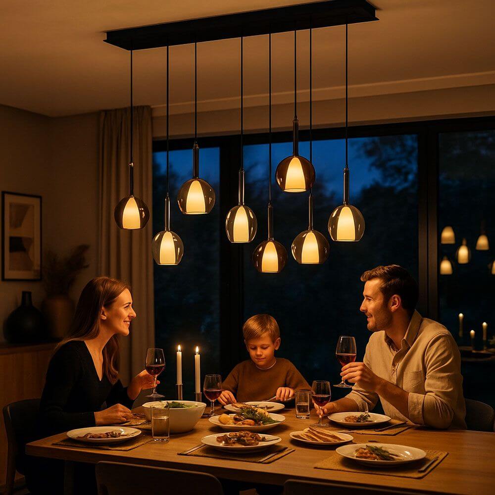 Familie beim Abendessen unter der s.luce Belluna 8-flammigen Hängelampe mit modernem Design.