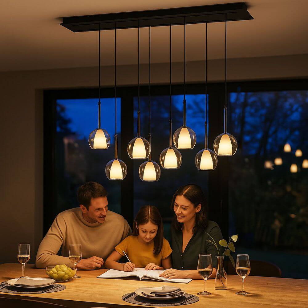 Familie genießt Zeit am Esstisch unter der s.luce Belluna 8-flammigen Hängeleuchte mit eleganten Pendeln.