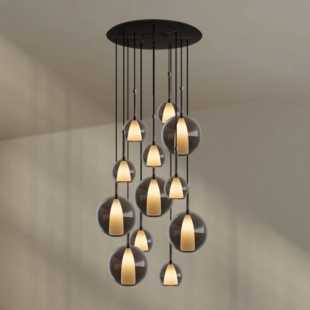 s.luce Belluna Galerielampe 12-flammig Ø 80cm Baldachin im eleganten Design mit 12 mundgeblasenen Glaskörpern.