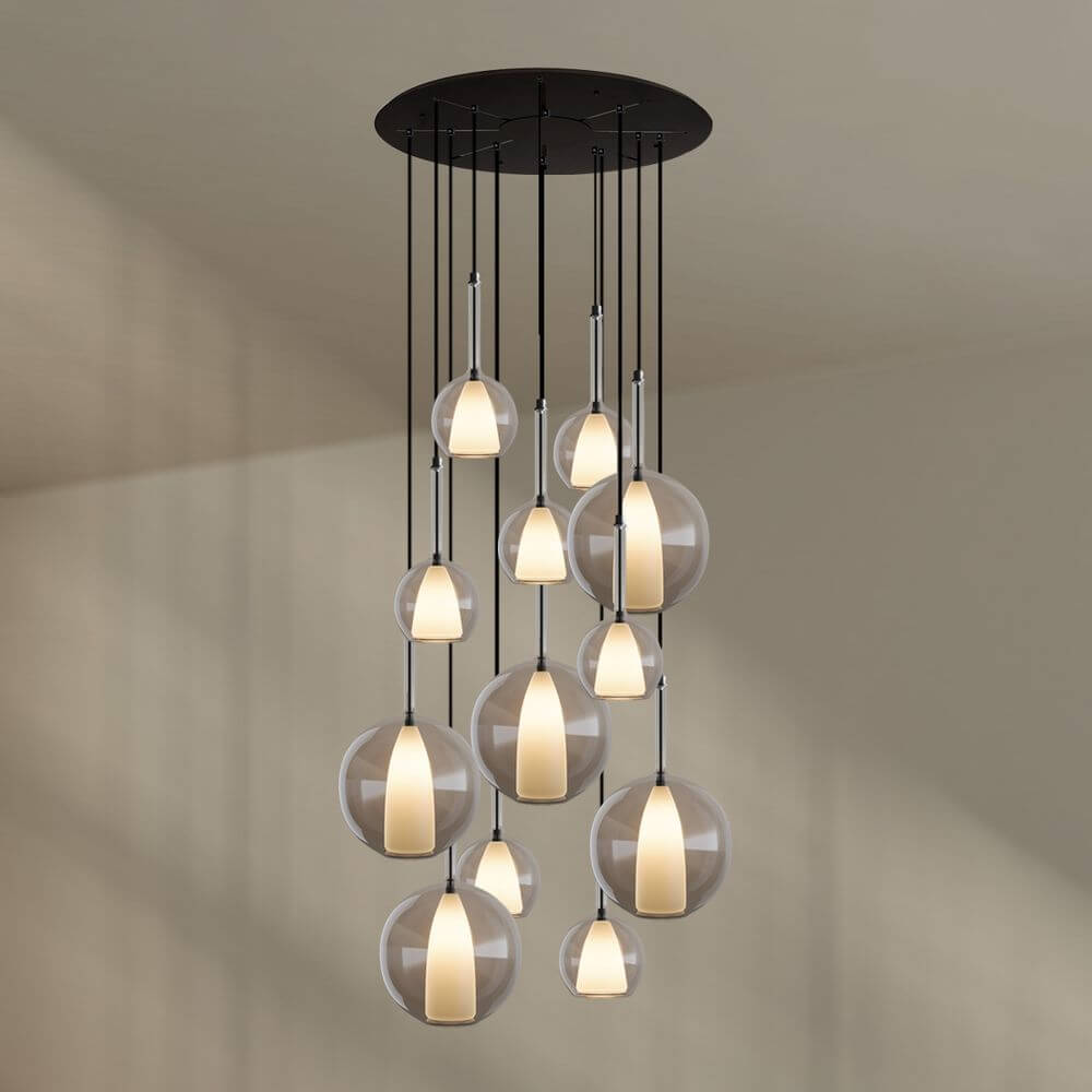 s.luce Belluna Galerielampe 12-flammig Ø 80cm Baldachin – elegante Hängeleuchte mit zwölf Glaskörpern.