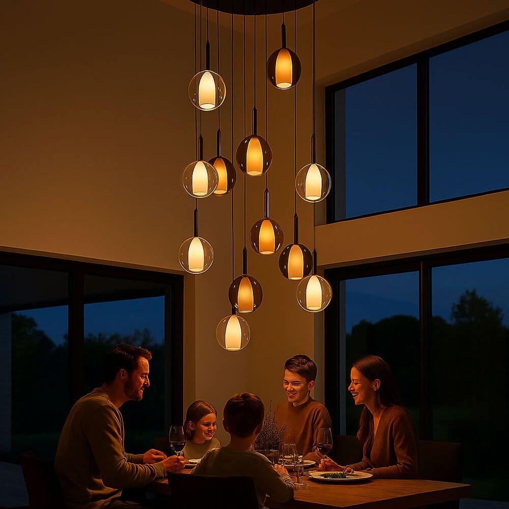 s.luce Belluna Galerielampe 12-flammig Ø 80cm Baldachin über einem Tisch mit Familie bei Abendessen