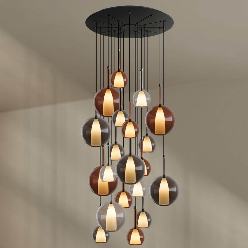 s.luce Belluna Galerieleuchte 20-flammig Ø 120cm Baldachin mit stilvollen hängenden Glaskugeln