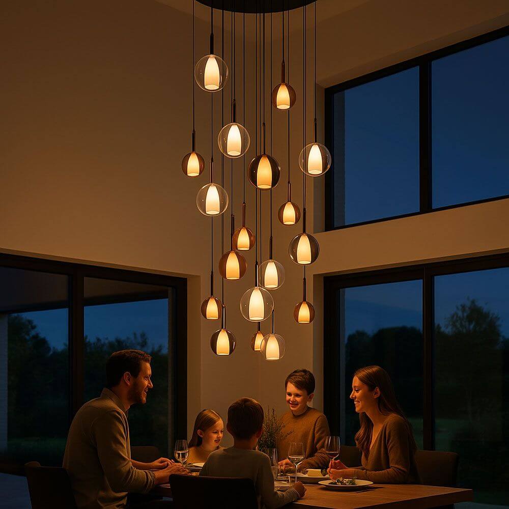 s.luce Belluna Galerieleuchte 20-flammig Ø 120cm Baldachin über einem Esstisch mit Familie bei Abendessen.
