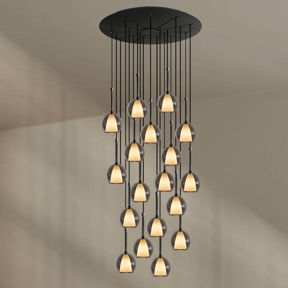 s.luce Belluna Galerieleuchte 20-flammig Ø 120cm Baldachin, elegante Hängeleuchte mit 20 Glaskugeln