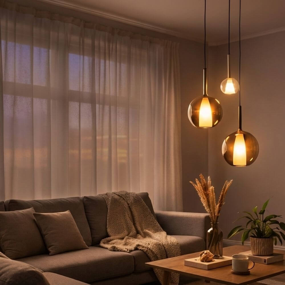 s.luce Belluna Galerieleuchte 3-flammig Ø 40cm Baldachin im Wohnzimmer mit eleganten Pendelleuchten.