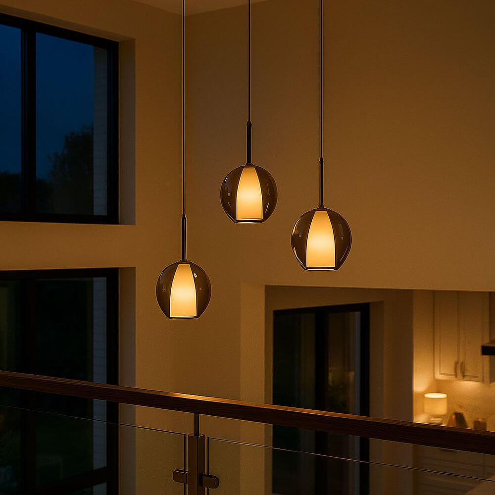 s.luce Belluna Galerieleuchte 3-flammig Ø 40cm Baldachin in modernem Wohnraum mit Pendelleuchten