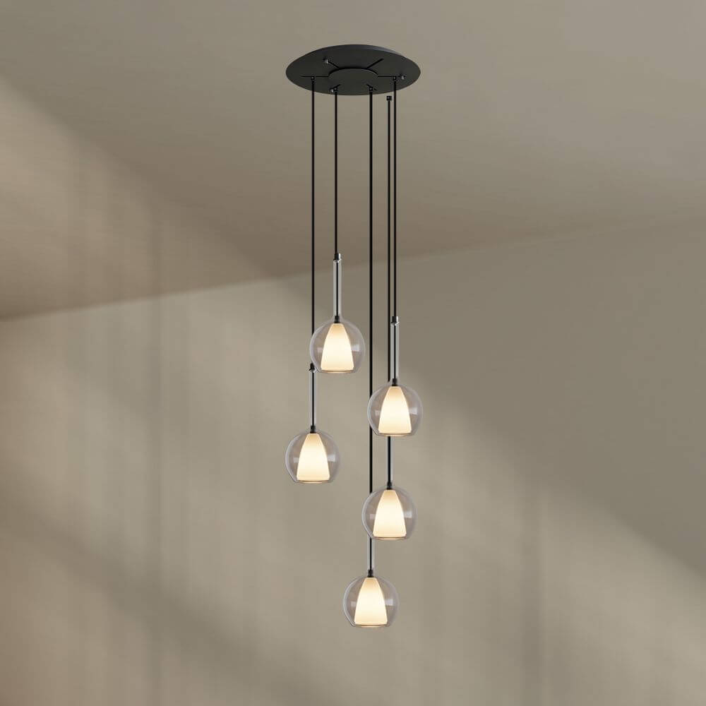 s.luce Belluna Galerieleuchte 5-flammig Ø 60cm Baldachin mit fünf Pendelleuchten aus Glas