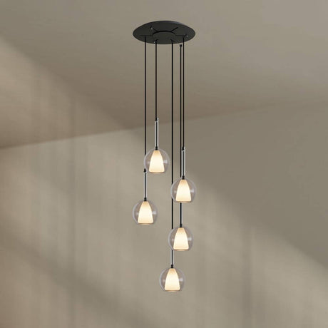 s.luce Belluna Galerieleuchte 5-flammig Ø 60cm Baldachin mit fünf Pendelleuchten aus Glas