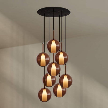 s.luce Belluna Galerieleuchte 8-flammig Ø 80cm Baldachin mit eleganten Glaskörpern in Cognac und klar.