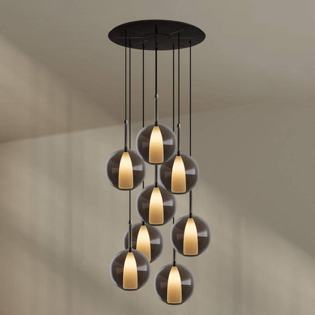 s.luce Belluna Galerieleuchte 8-flammig Ø 80cm Baldachin mit mundgeblasenen Glaskörpern in Rauchgrau.