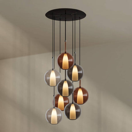 s.luce Belluna Galerieleuchte 8-flammig Ø 80cm Baldachin in modernem Design mit Glaskörpern in klar, Cognac und Rauchgrau.