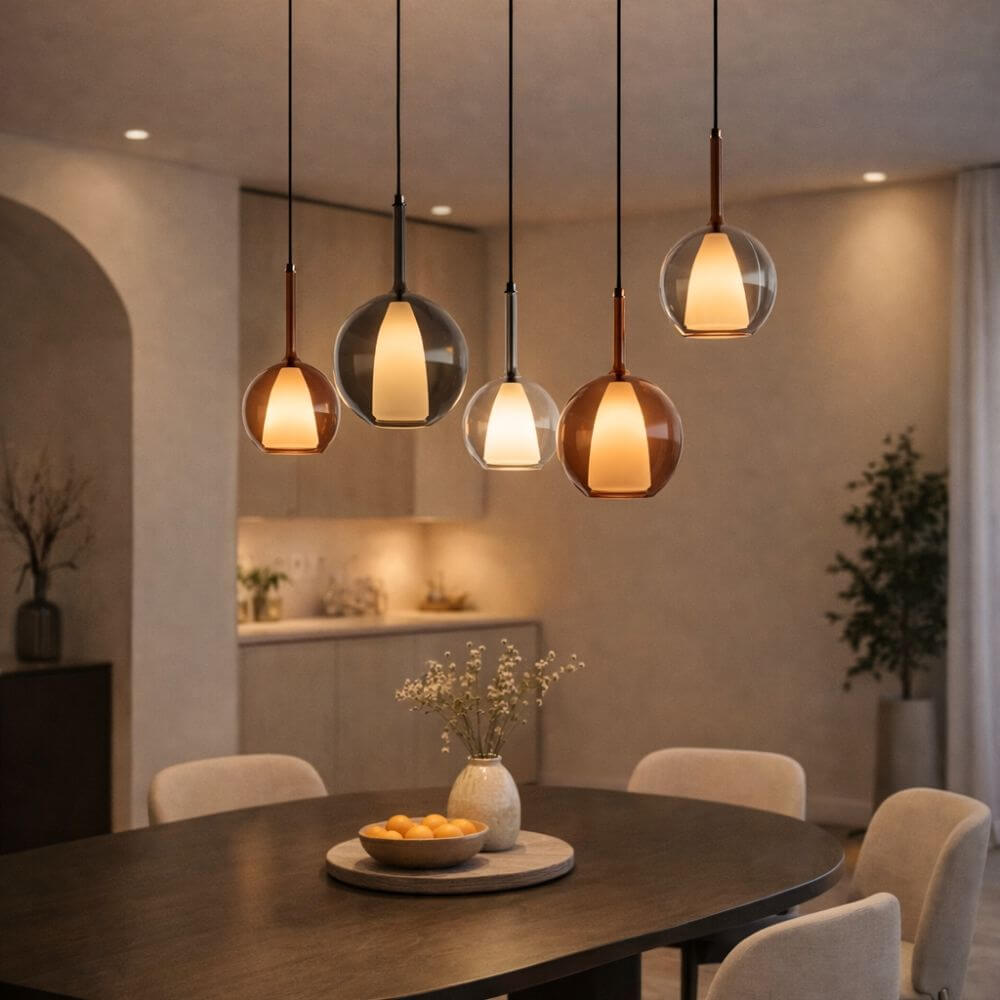 s.luce Belluna Glas-Pendelleuchte 150cm Textilkabel in einem stilvollen Esszimmer über dem Tisch.