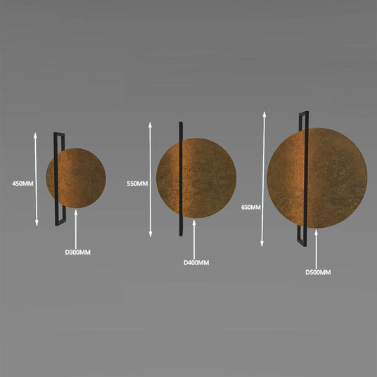 Maßzeichnung von drei runden Metallobjekten mit Durchmessern D300MM, D400MM und D500MM auf grauem Hintergrund.