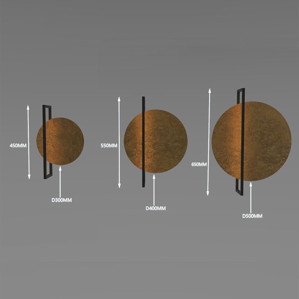Größenvergleich der s.luce Artus Wandleuchte in Durchmessern: 300MM, 400MM, 500MM und Höhen 450MM, 550MM.