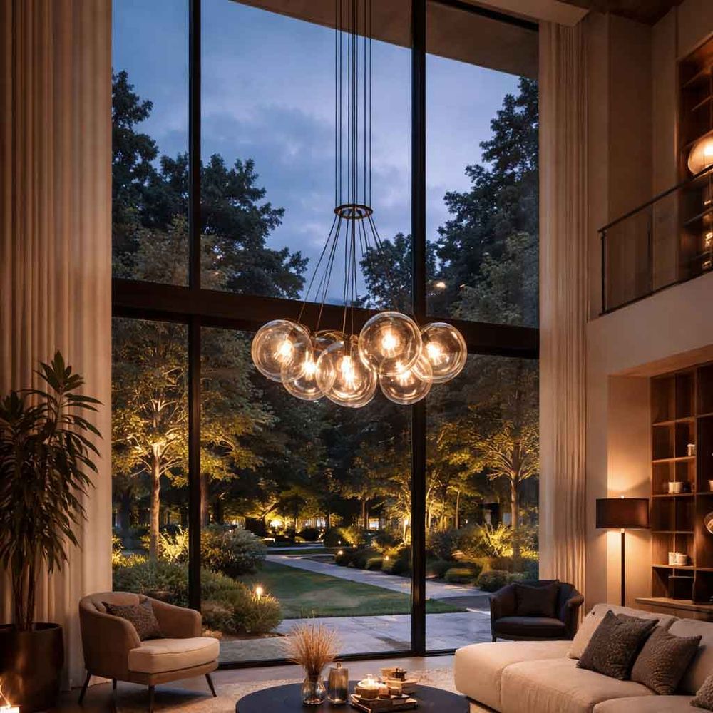 s.luce Cluster Glaskugel Galerieleuchte Hängeleuchte 7-flammig im eleganten Wohnraum mit großen Fenstern und Gartenansicht.