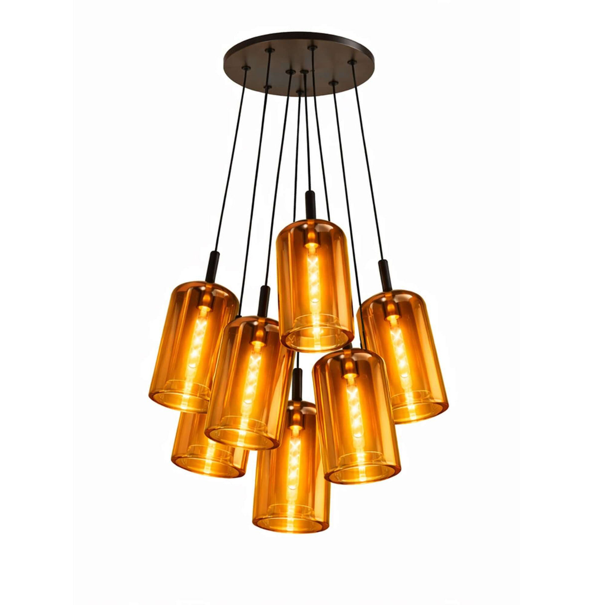 s.luce Cruet Cluster Glas-Pendelleuchte 7-flammig 7x17cm mit sieben stilvollen, goldenen Glasleuchten.
