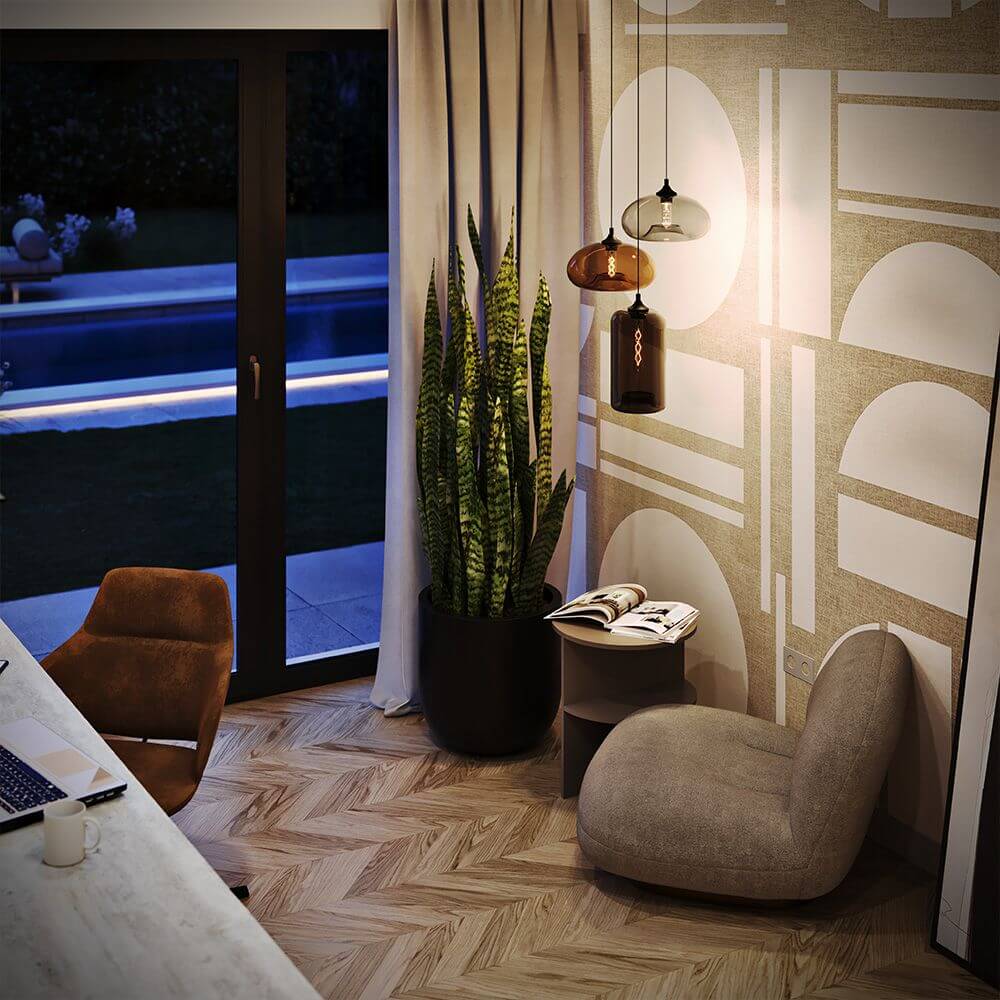 s.luce Cruet Glas-pendellamp Up & Low in moderne woonkamer met stijlvol interieur.