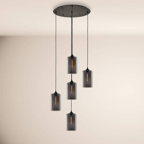 s.luce Cruet flerpendel i glass, 3- eller 5-lampers i en stilfull, moderne design med røykglass.