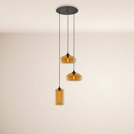 s.luce Cruet flerpendel i glass, 3- eller 5-lampers med lampeskjermer i amberfarge
