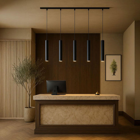 s.luce Crutch Hängelampe 1-Phasen-Schiene 200cm Endeinspeiser über modernem Empfangstresen.