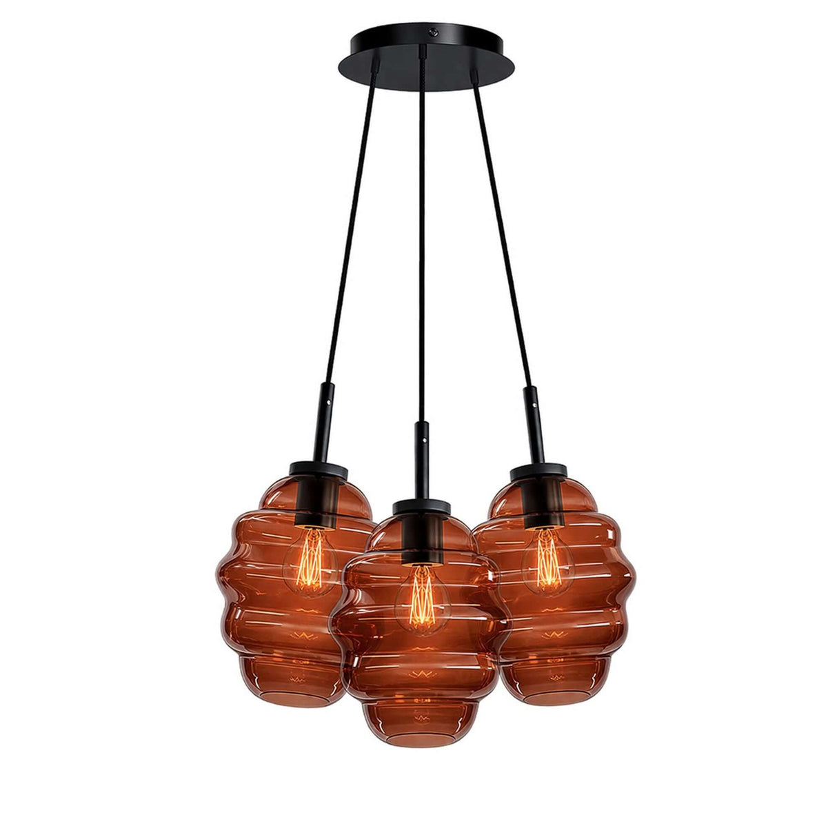 s.luce Echos Cluster Glas-Pendelleuchte 3-flammig 3x18cm mit wellenförmigen, braunen Glasleuchten.