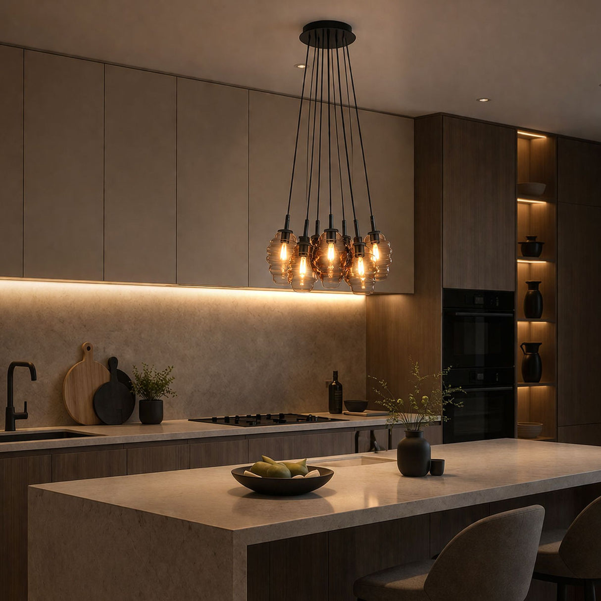 s.luce Echos Glas-pendellampe, klynge, 7 lyskilder, 3x18 cm