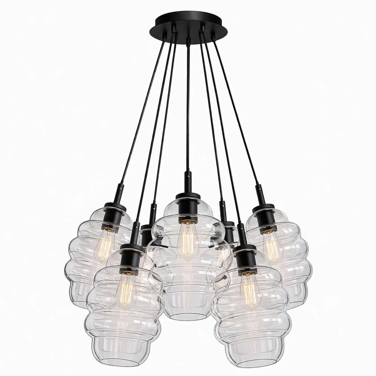 s.luce Echos Cluster Glas-Pendelleuchte 7-flammig 7x25cm mit eleganten Glasleuchten in harmonischer Anordnung.