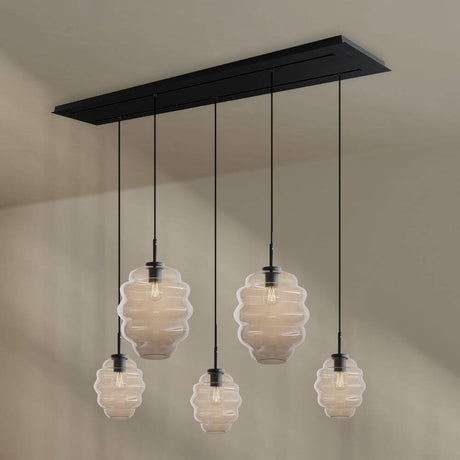 s.luce Echos spisebordslampe med 5 lyskilder, 2-radet, 160 cm, Ø 18/25 cm med elegante, munnblåste glasskropper.