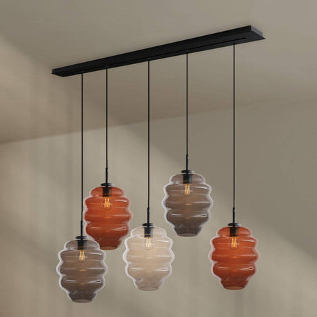 s.luce Echos Esstischleuchte 5-flammig 160cm Baldachin Ø 25cm mit fünf bunten Glasleuchten