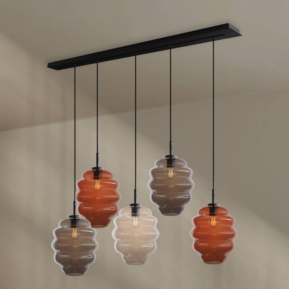 s.luce Echos Esstischleuchte 5-flammig 160cm Baldachin Ø 25cm mit fünf bunten Glasleuchten