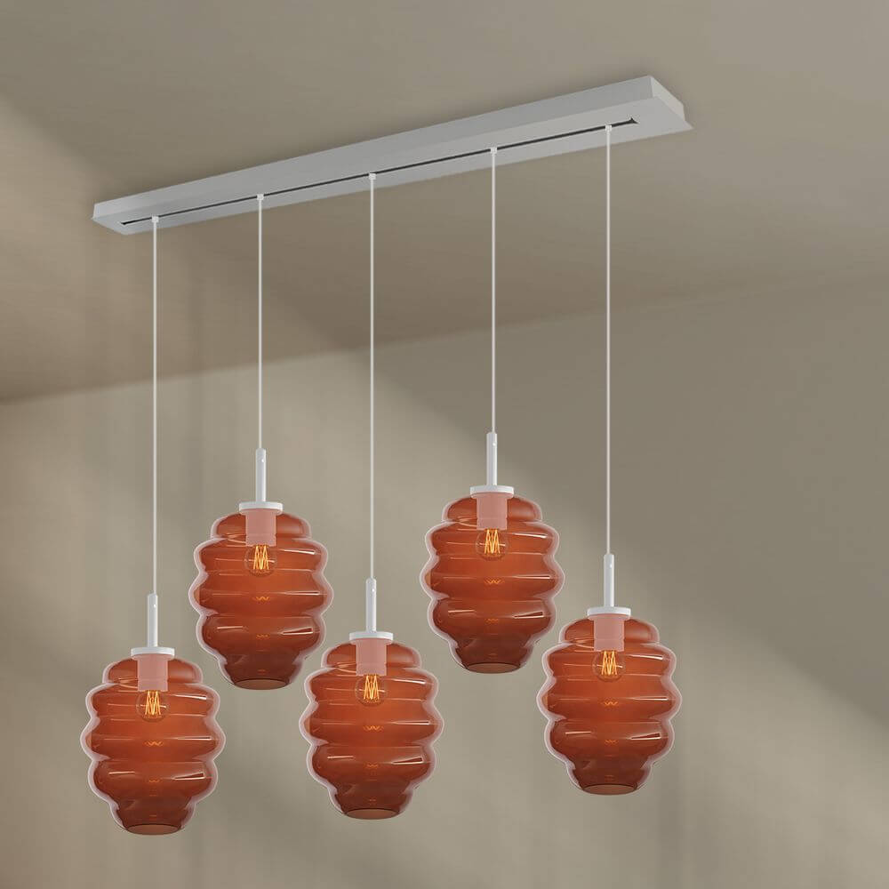 s.luce Echos Esstischleuchte 5-flammig 160cm Baldachin Ø 25cm mit orangefarbenen Glaskörpern