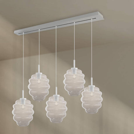 s.luce Echos Esstischleuchte 5-flammig 160cm Baldachin Ø 25cm mit fünf mundgeblasenen Glaskörpern.