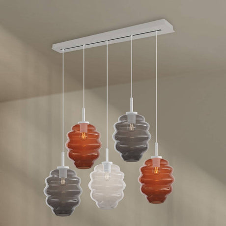 s.luce Echos Esstischleuchte 5-flammig 160cm Baldachin Ø 25cm mit bunten Glaskörpern für Esstische