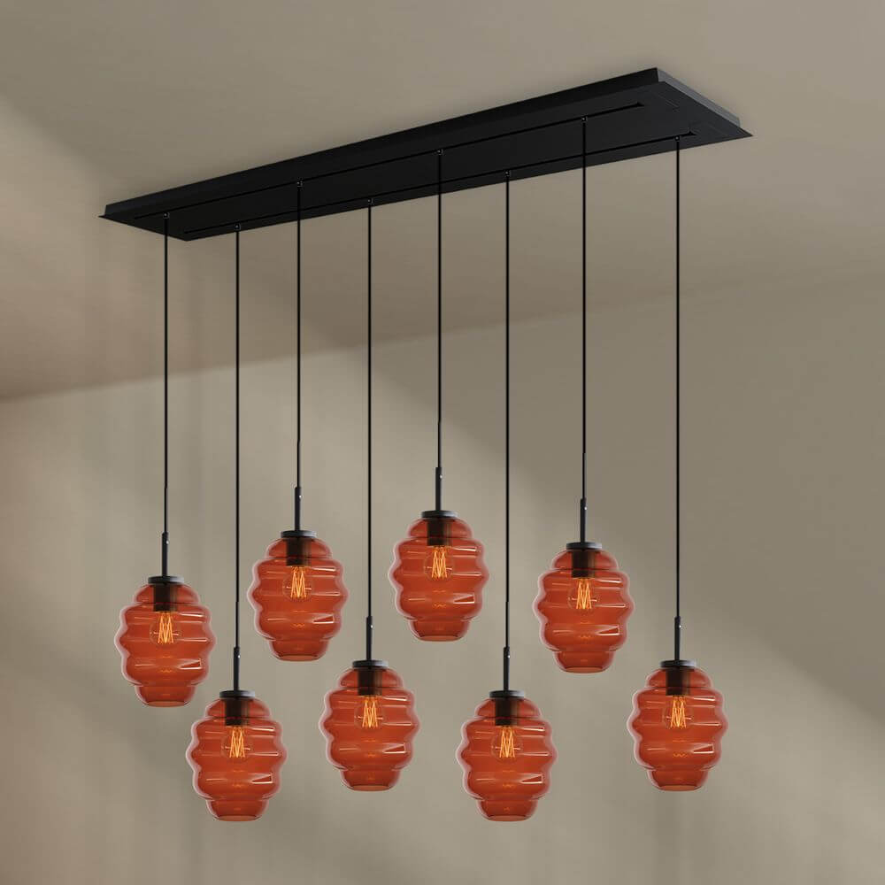s.luce Echos Esstischlampe 8-flammig 160cm 2-reihig Ø 18cm mit braunen Glaskörpern