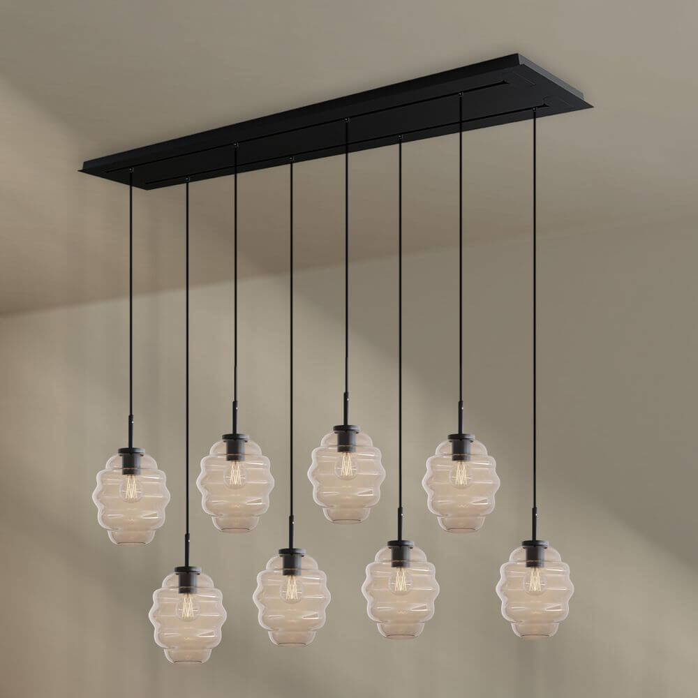 s.luce Echos Esstischlampe 8-flammig 160cm 2-reihig Ø 18cm mit stilvollen Glaskörpern.