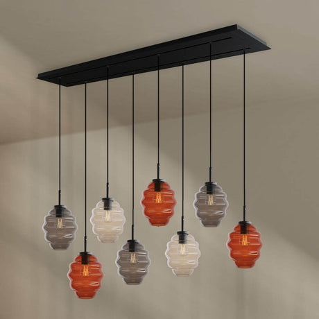 s.luce Echos Esstischlampe 8-flammig 160cm 2-reihig Ø 18cm in modernem Design mit bunten Glaskörpern.