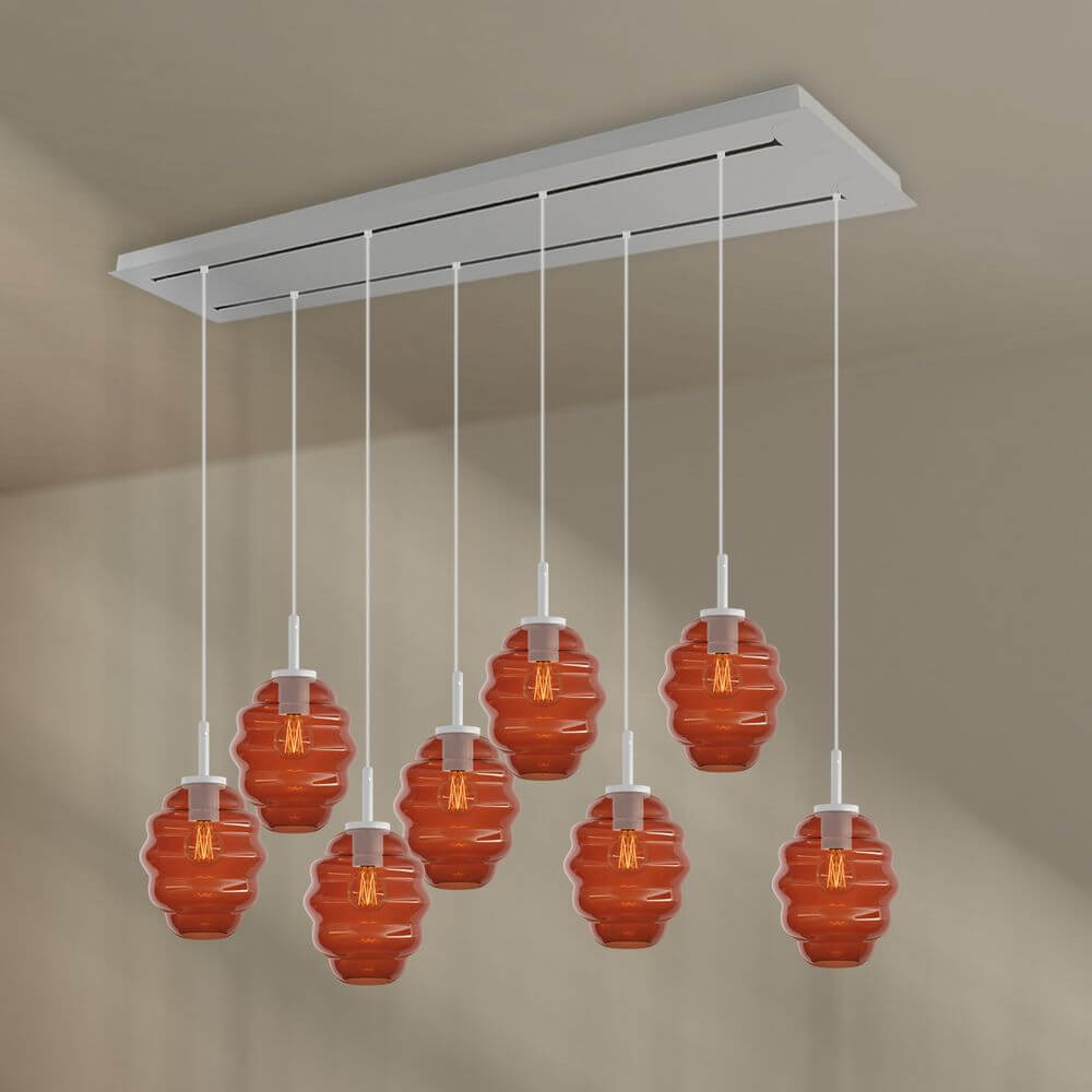 s.luce Echos Esstischlampe 8-flammig 160cm 2-reihig Ø 18cm mit braunen, mundgeblasenen Glaskörpern.