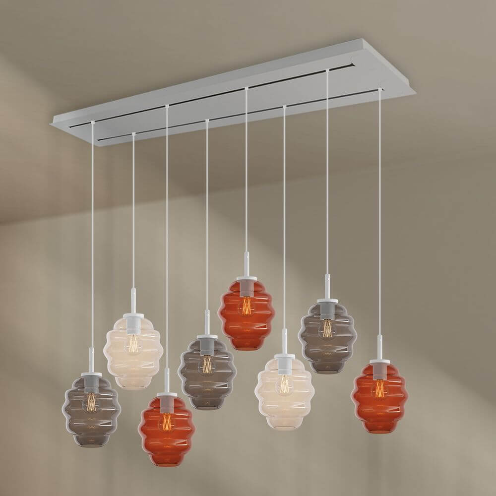 s.luce Echos Esstischlampe 8-flammig 160cm 2-reihig Ø 18cm mit farbigen Glaslampen