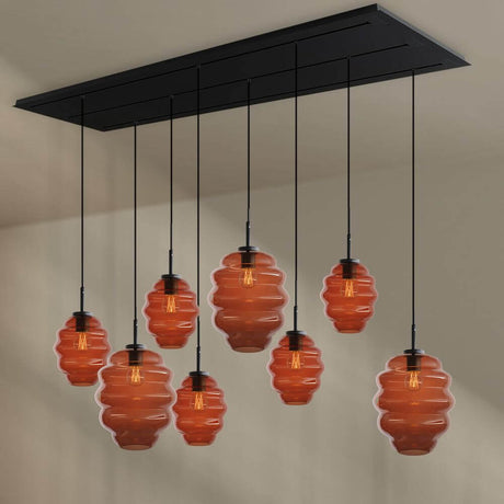 s.luce Echos Esstischlampe 8-flammig 200cm 3-reihig Ø 18/25cm mit orangenen Glaskörpern