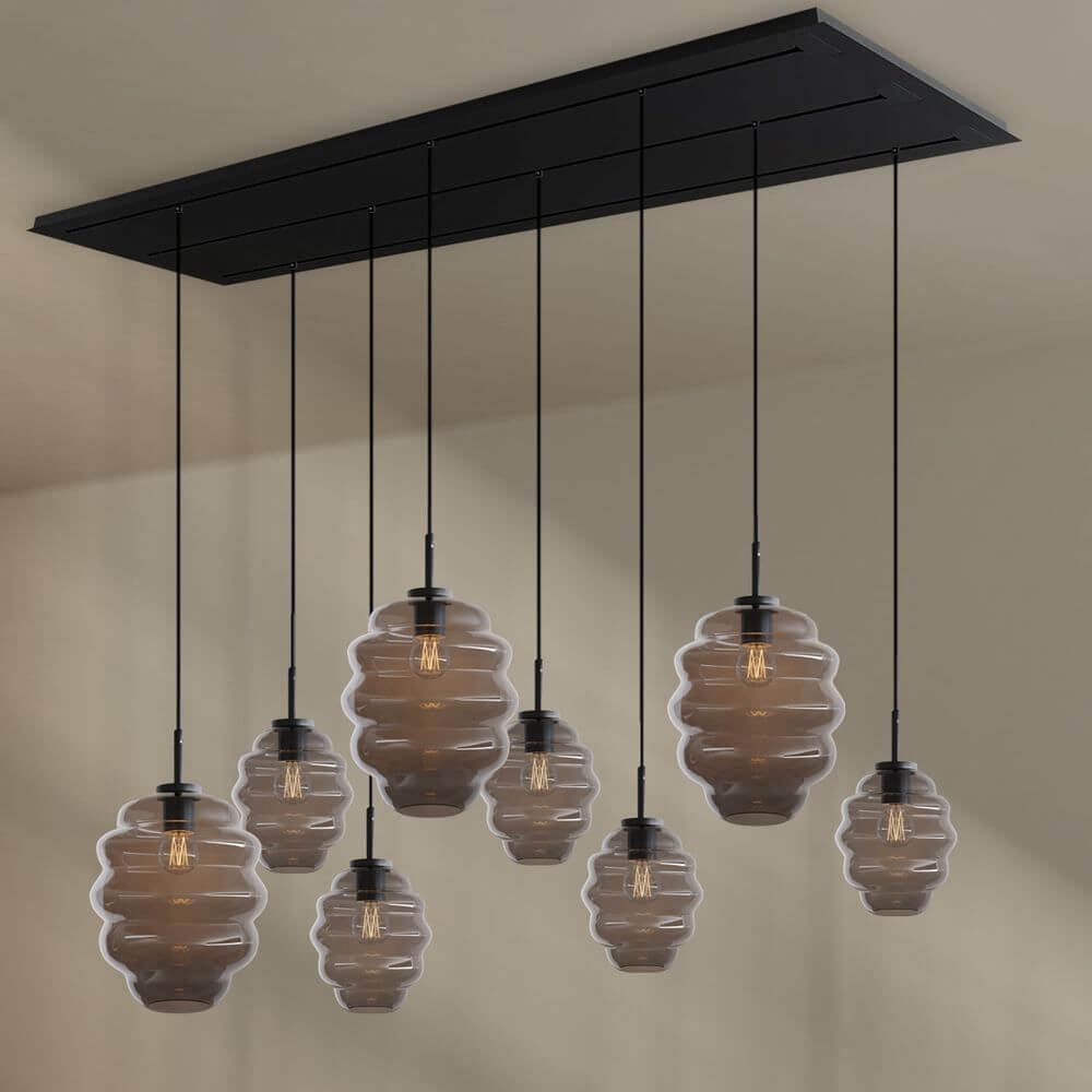 s.luce Echos Esstischlampe 8-flammig 200cm 3-reihig Ø 18/25cm mit eleganten, mundgeblasenen Glaskörpern.