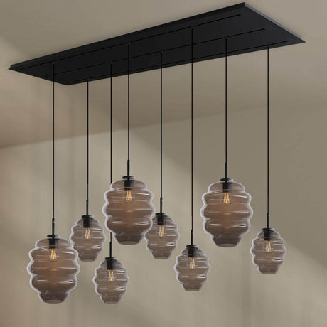 s.luce Echos Esstischlampe 8-flammig 200cm 3-reihig Ø 18/25cm mit eleganten, mundgeblasenen Glaskörpern.