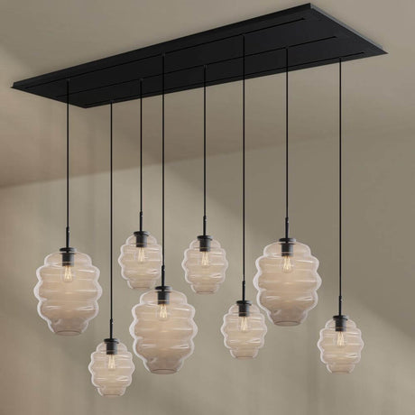 s.luce Echos Esstischlampe 8-flammig 200cm 3-reihig Ø 18/25cm mit eleganten Glaskörpern und modernem Design.