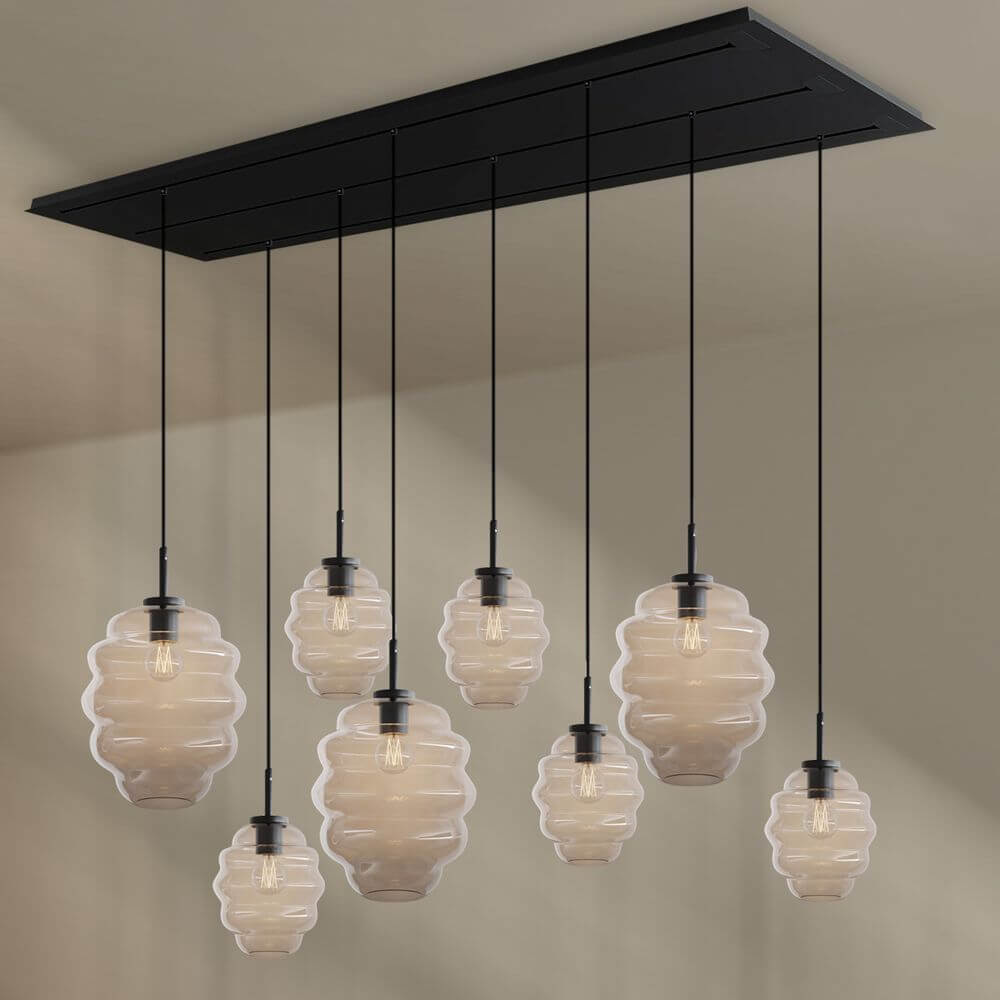 s.luce Echos Esstischlampe 8-flammig 200cm 3-reihig Ø 18/25cm mit eleganten Glaskörpern und modernem Design.