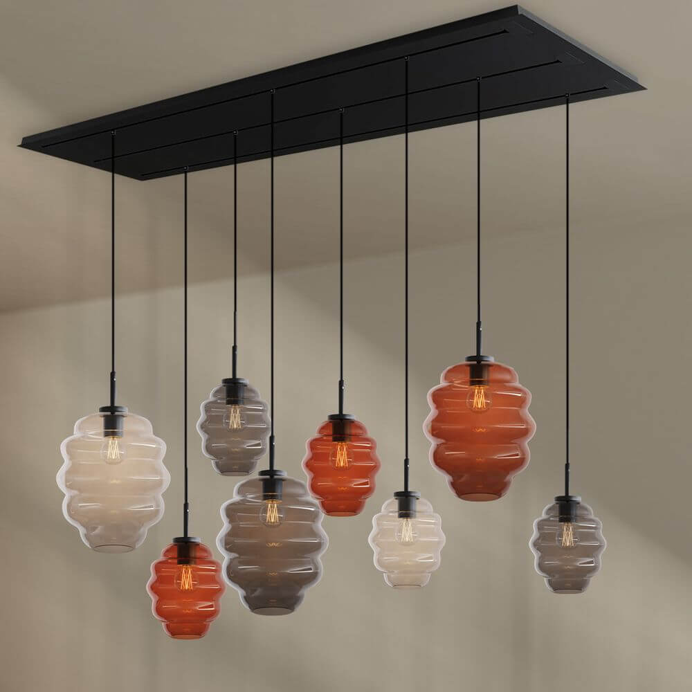 s.luce Echos Esstischlampe 8-flammig 200cm 3-reihig Ø 18/25cm mit bunten Glaskörpern