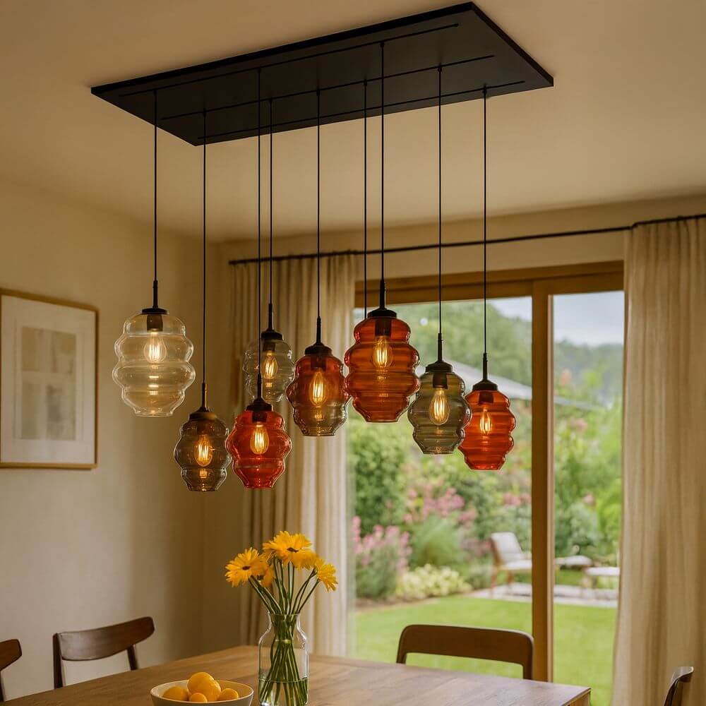 s.luce Echos Esstischlampe 8-flammig 200cm 3-reihig Ø 18/25cm in modernem Esszimmer mit Glasleuchten