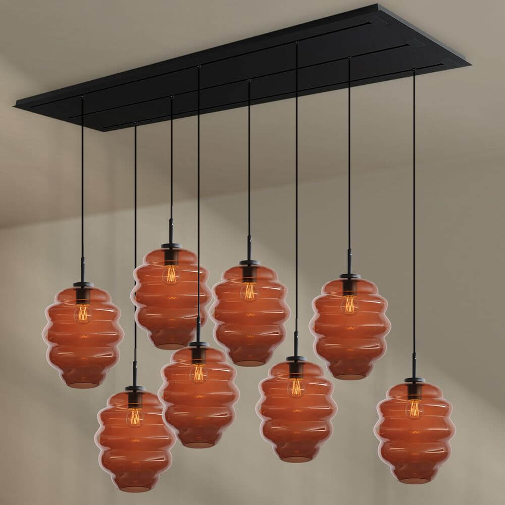 s.luce Echos Esstischleuchte 8-flammig 200cm 3-reihig Ø 25cm mit eleganten Glaskörpern in Braun
