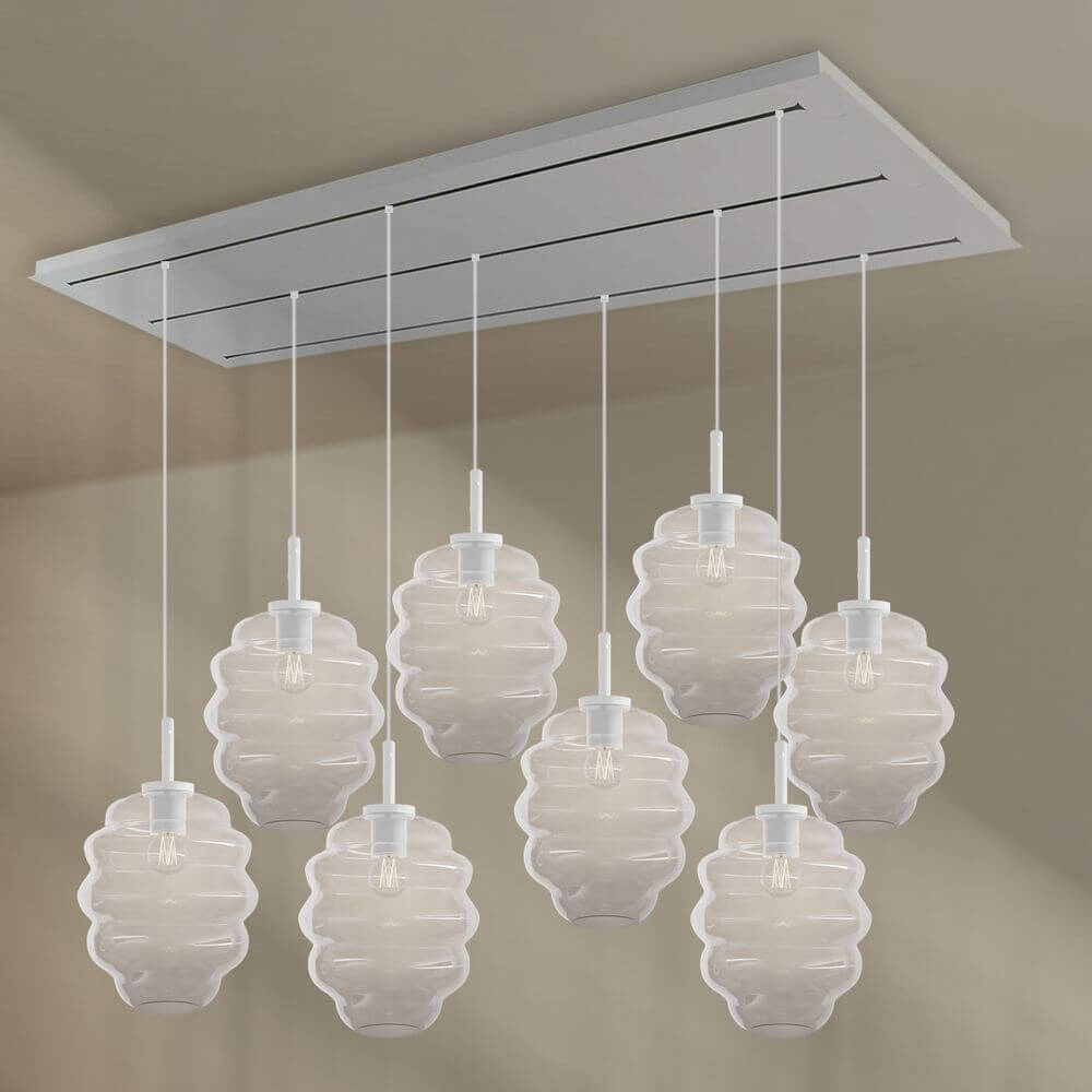 s.luce Echos Esstischleuchte 8-flammig 200cm 3-reihig Ø 25cm mit eleganten Glaskörpern