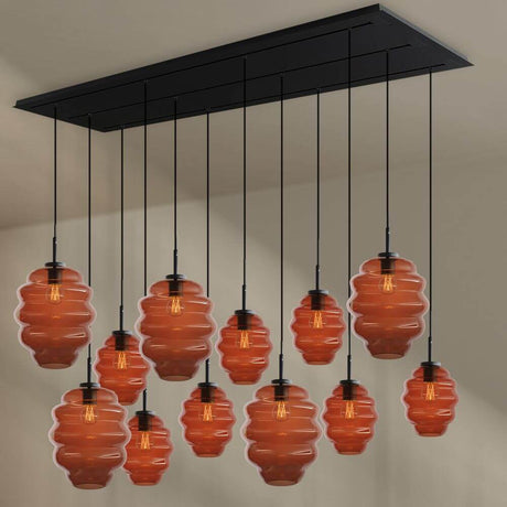 s.luce Echos Esszimmerlampe 12-flammig 200cm 3-reihig Ø 18/25cm mit strukturierten Glaskörpern in Braun (Cognac)