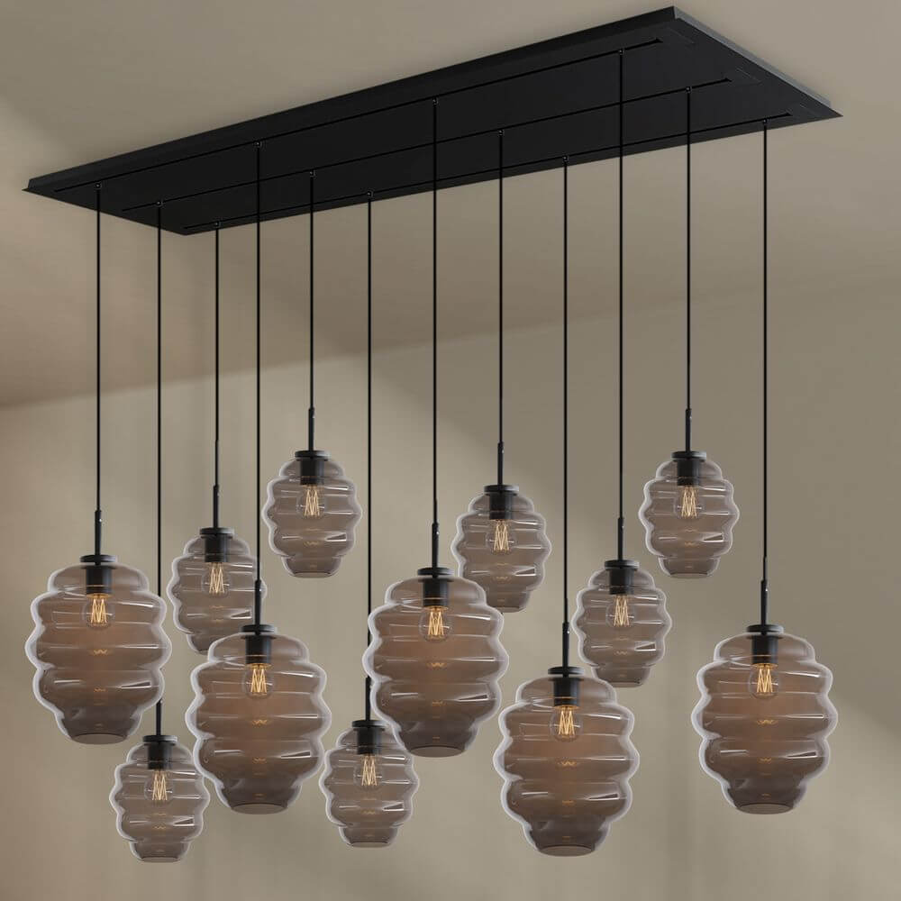 s.luce Echos Esszimmerlampe 12-flammig 200cm 3-reihig Ø 18/25cm in modernem Design mit strukturierten Glaskörpern.