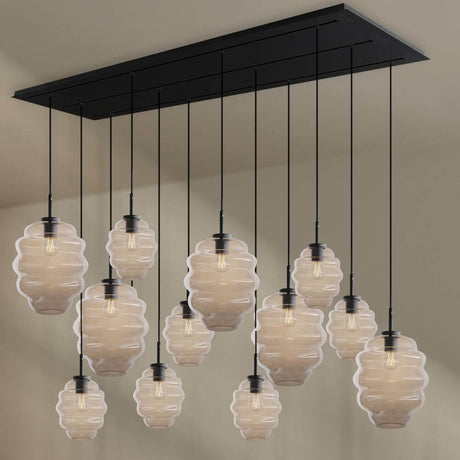 s.luce Echos Esszimmerlampe 12-flammig 200cm 3-reihig Ø 18/25cm mit mundgeblasenen Glaskörpern.